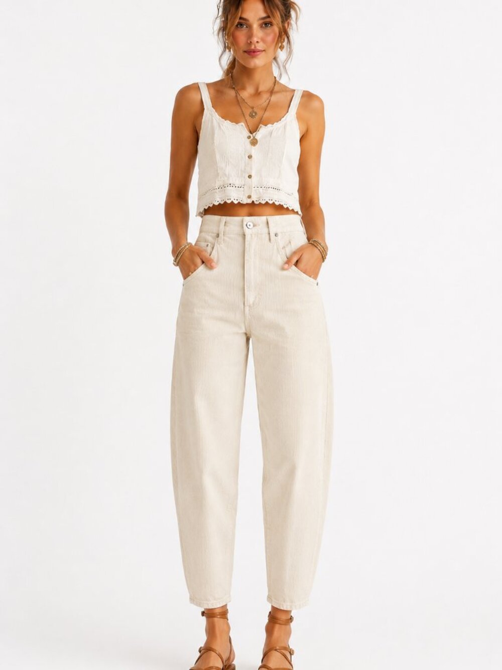 NWT Free People We The Free Sz 28 Corduroy Barrel Jeans High Rise Ivory